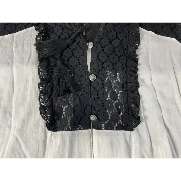 Tasha Polizzi Lace Trimmed V-Neck Loose Fit Sheer White Black Blouse - Picture 12 of 16